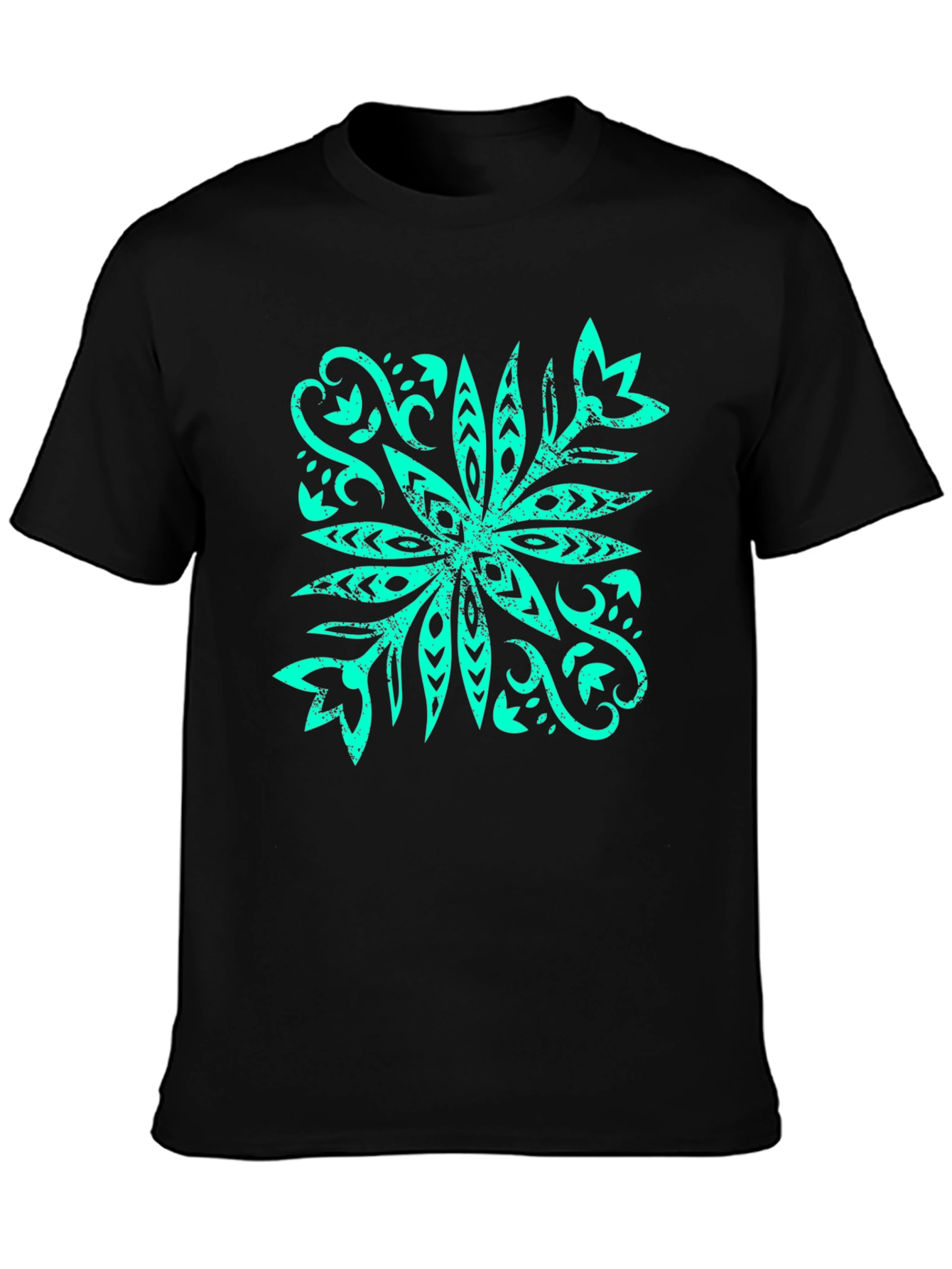 Camiseta Negra con Diseño Floral Turquesa