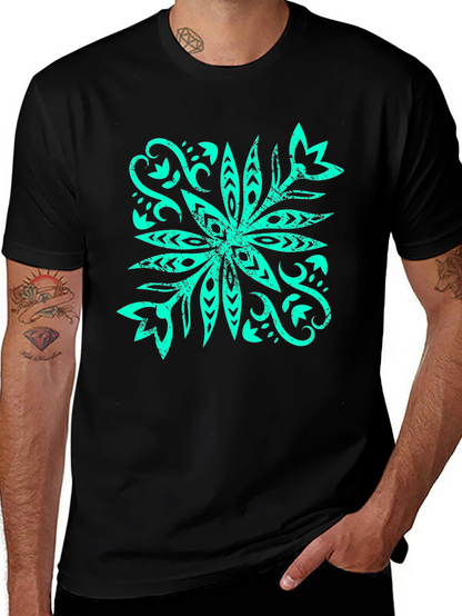 Camiseta Negra con Diseño Floral Turquesa