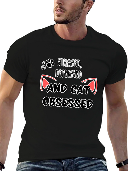 Camiseta Negra: Estresado Deprimido y Obsesionado con Gatos