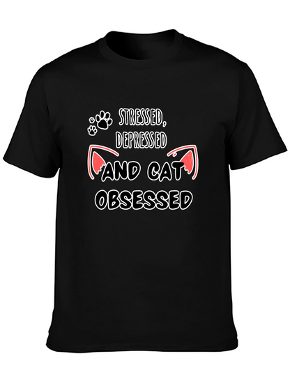 Camiseta Negra: Estresado Deprimido y Obsesionado con Gatos
