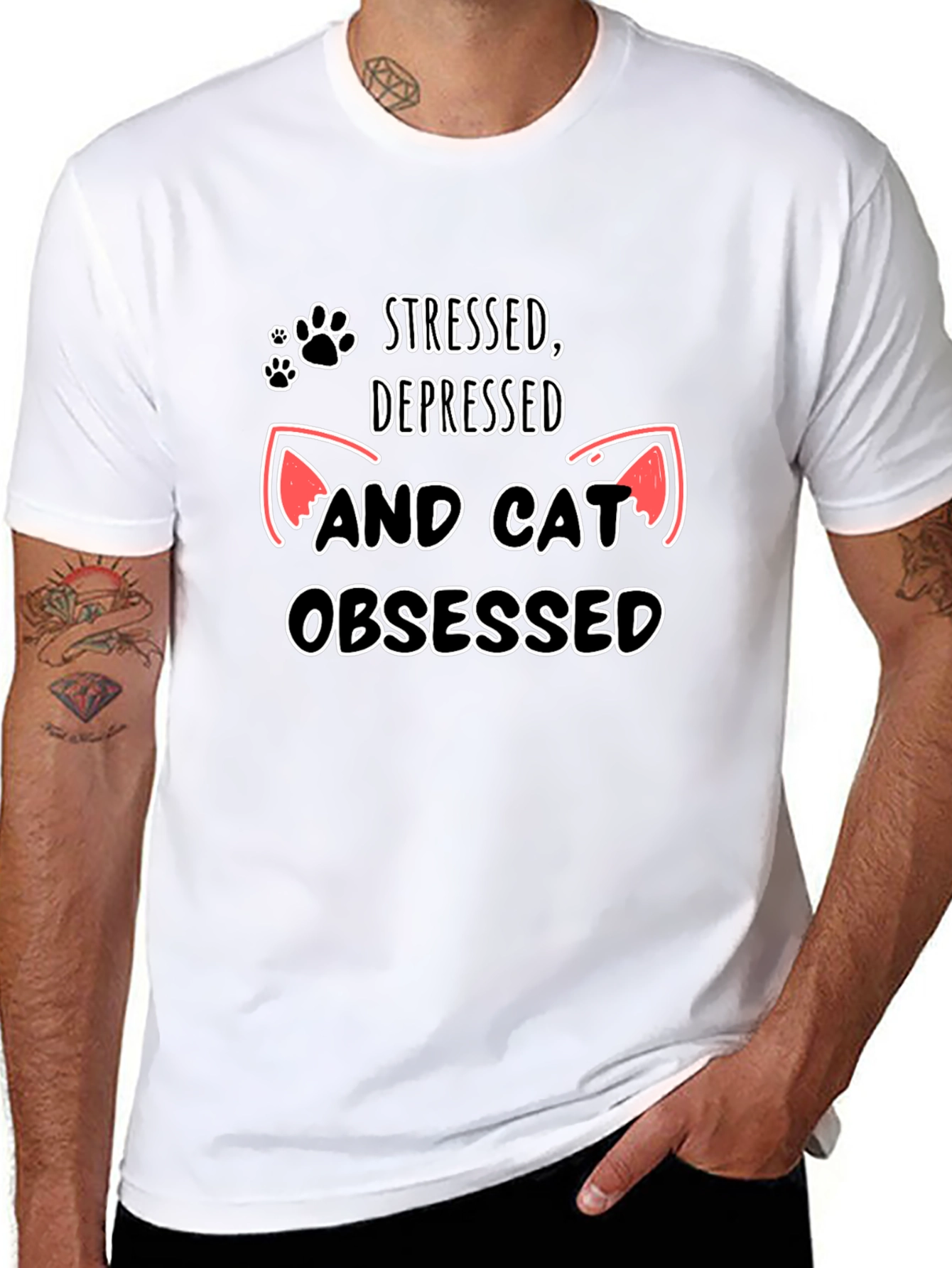 Camiseta Negra: Estresado Deprimido y Obsesionado con Gatos