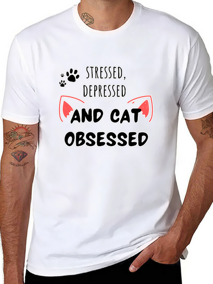 Camiseta Negra: Estresado Deprimido y Obsesionado con Gatos