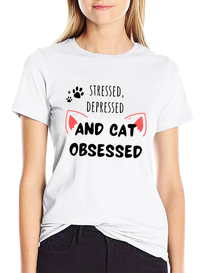 Camiseta Negra: Estresado Deprimido y Obsesionado con Gatos