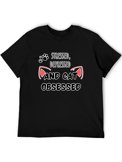 Camiseta Negra: Estresado Deprimido y Obsesionado con Gatos