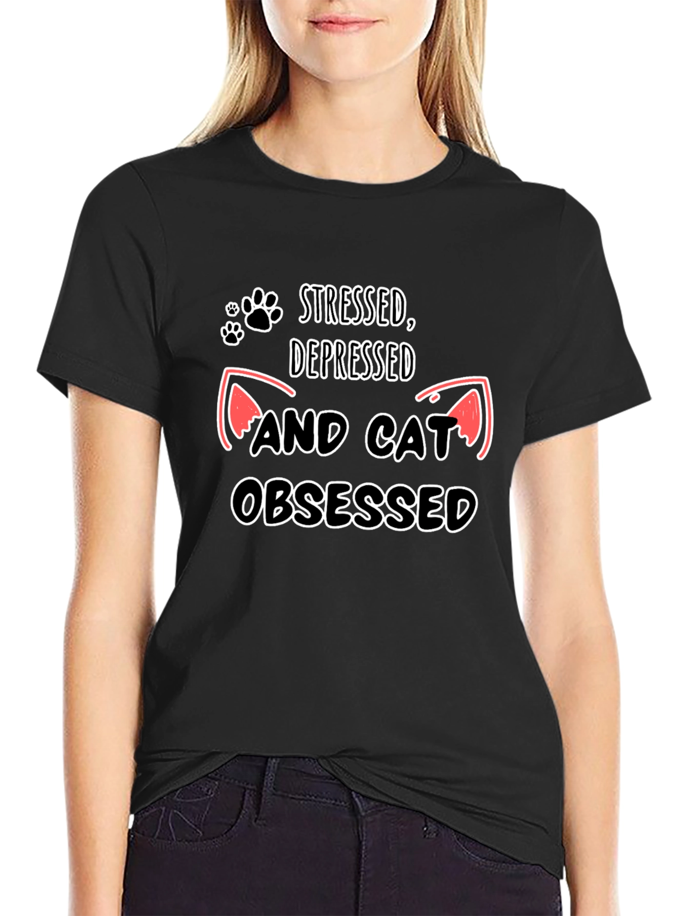 Camiseta Negra: Estresado Deprimido y Obsesionado con Gatos