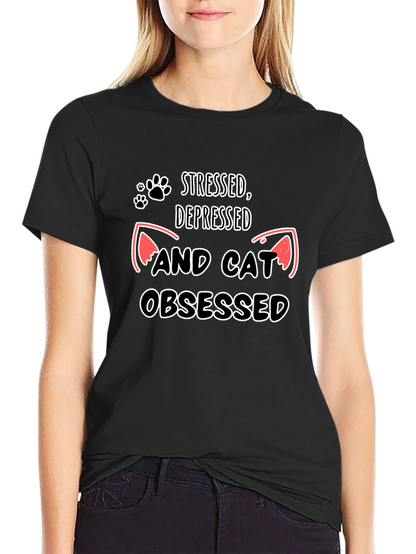 Camiseta Negra: Estresado Deprimido y Obsesionado con Gatos
