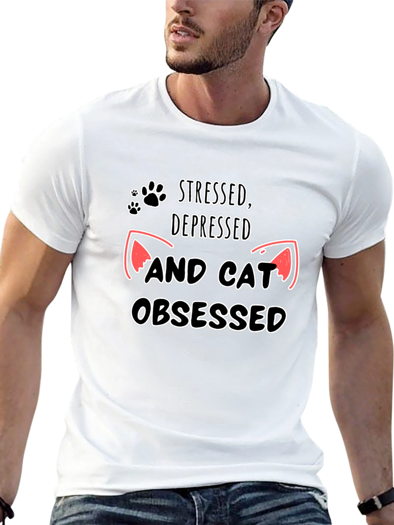 Camiseta Negra: Estresado Deprimido y Obsesionado con Gatos