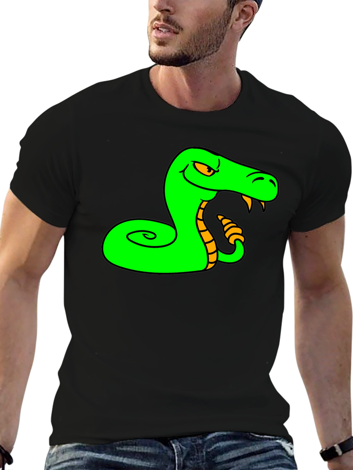 Camiseta Negra con Estampado de Serpiente Verde