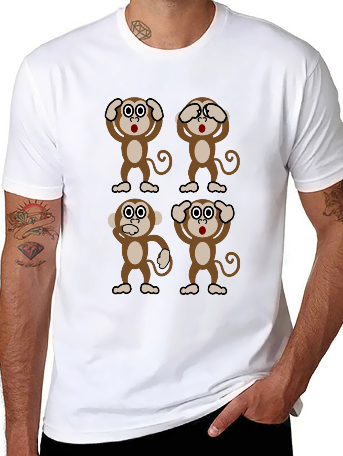 Camiseta Negra con Diseño de Monos Sabios