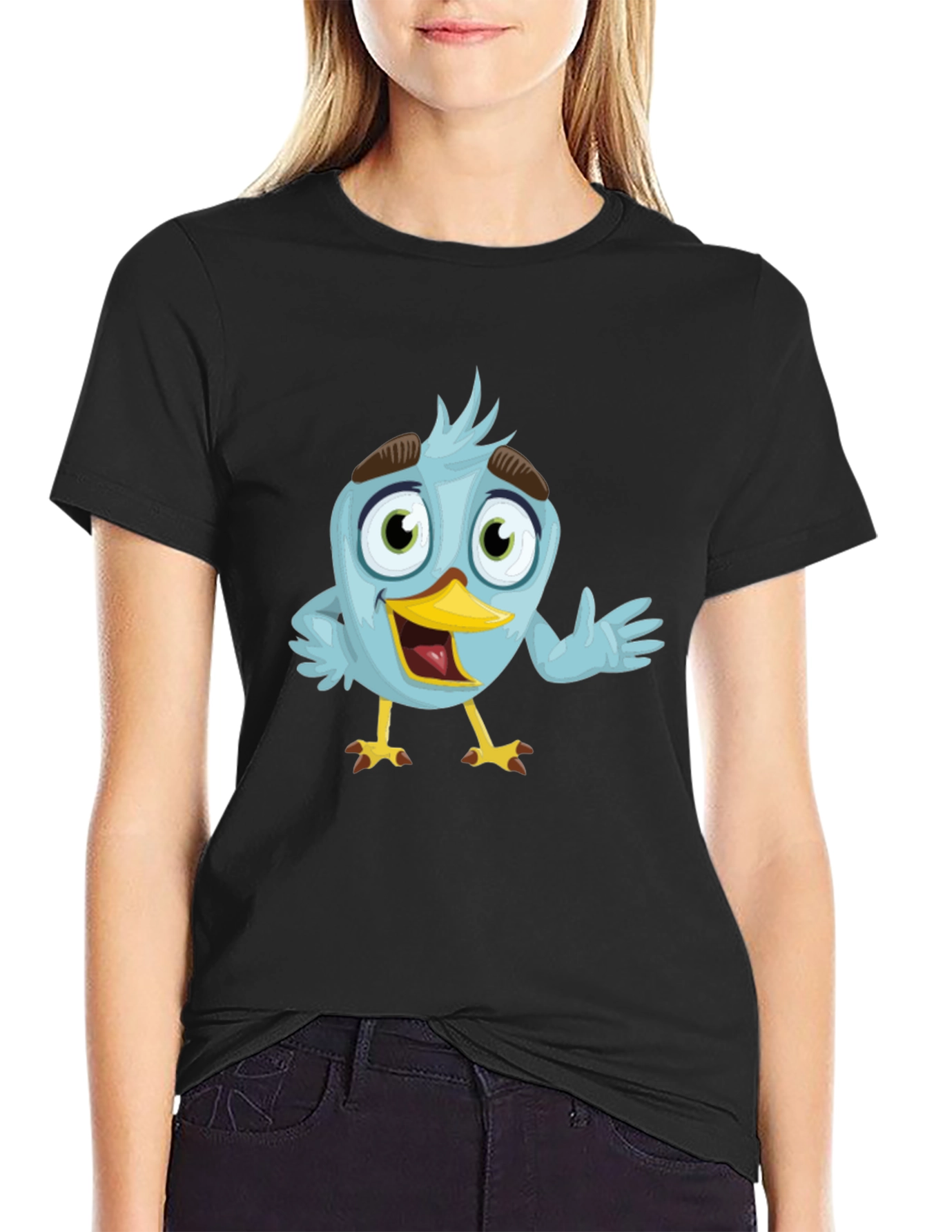 Camiseta Negra con Diseño de Pájaro Azul Animado