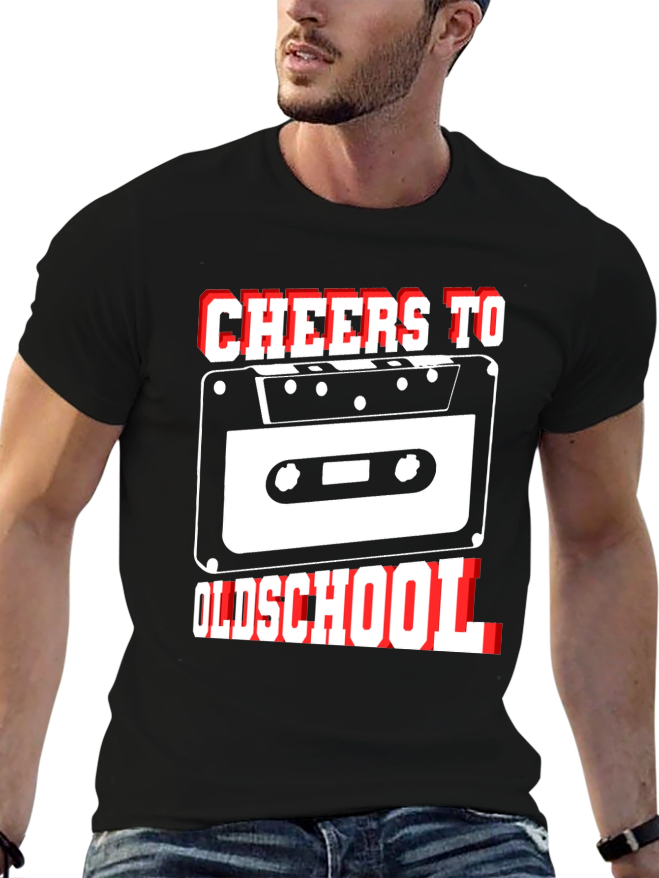 Camiseta Negra Cheers To Oldschool con Diseño Retro Cassette