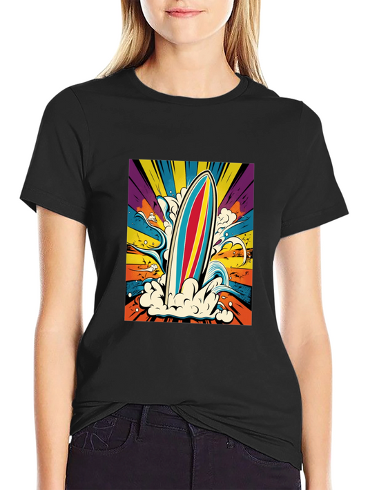 Camiseta Negra Estampado Surf Colorido
