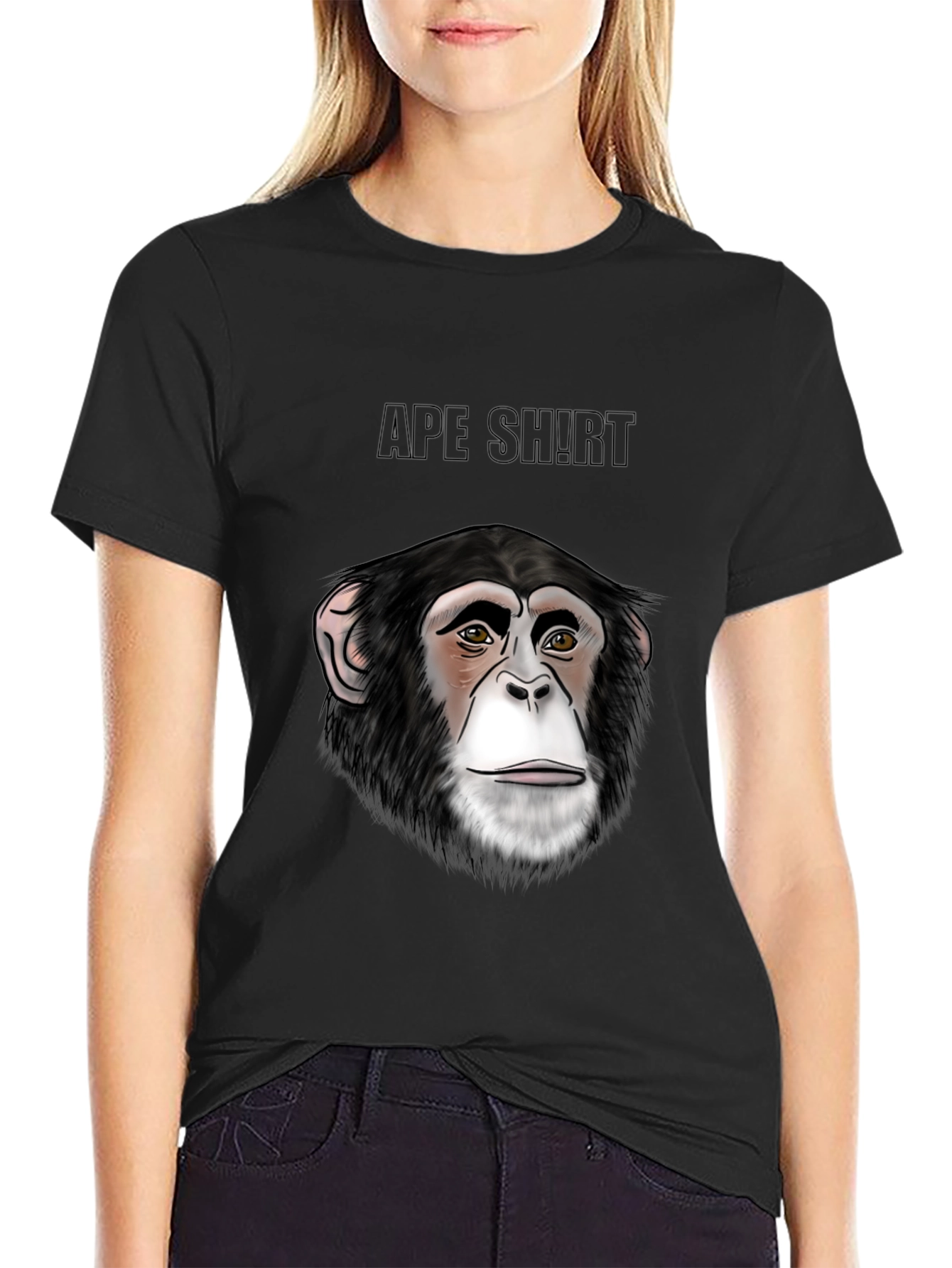 Camiseta Negra con Diseño de Cara de Chimpancé
