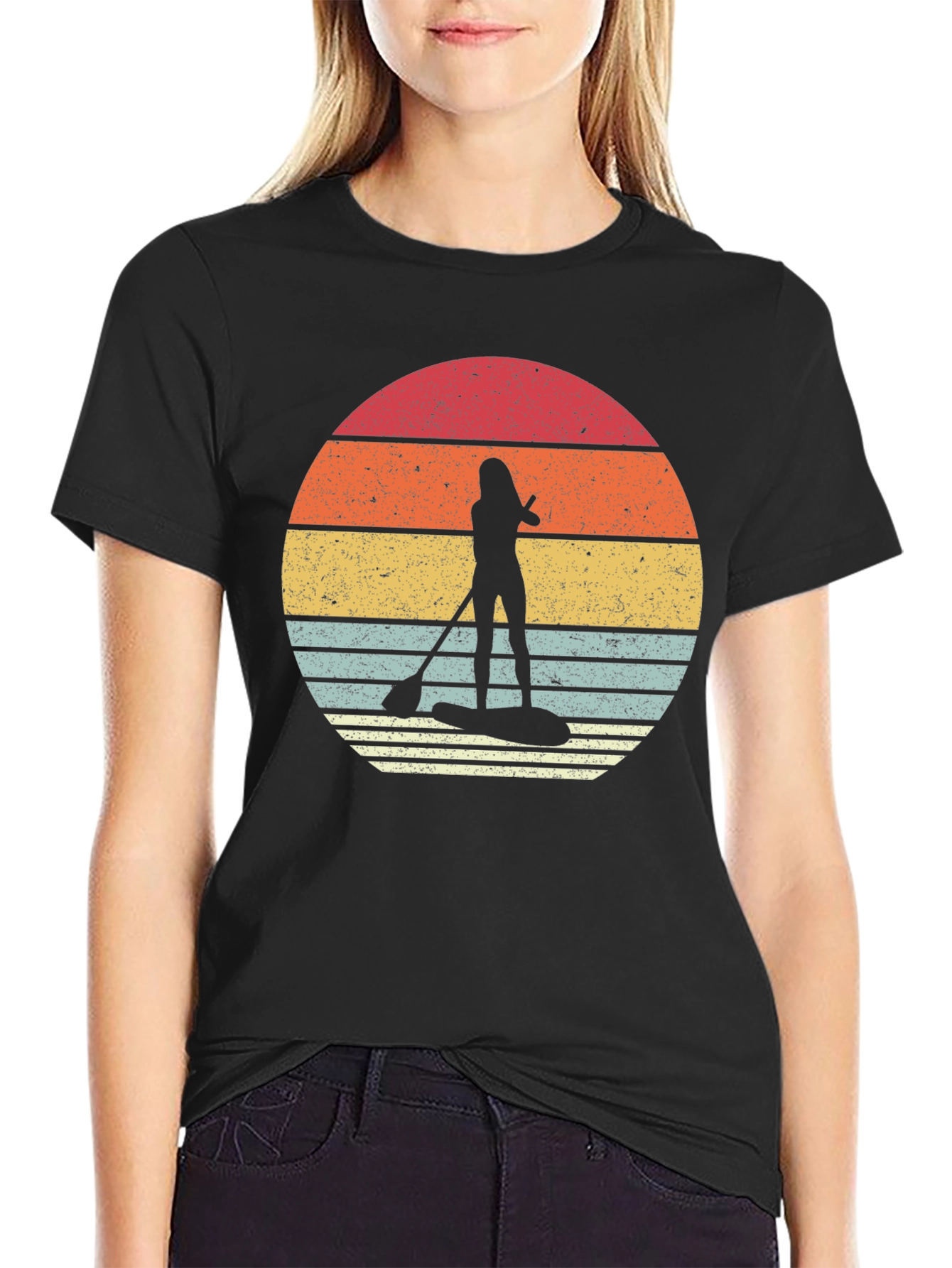 Camiseta Negra Paddle Surf Retro Sunset