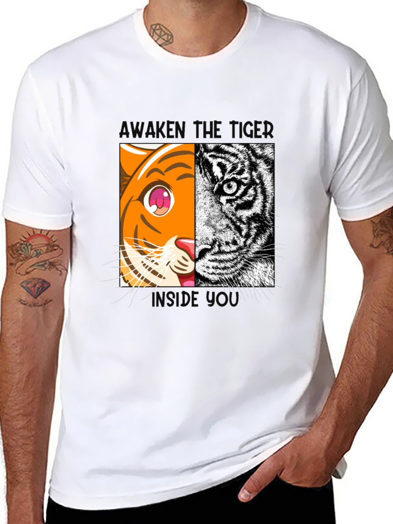 Camiseta Negra Tigre Dual: Anime y Realismo