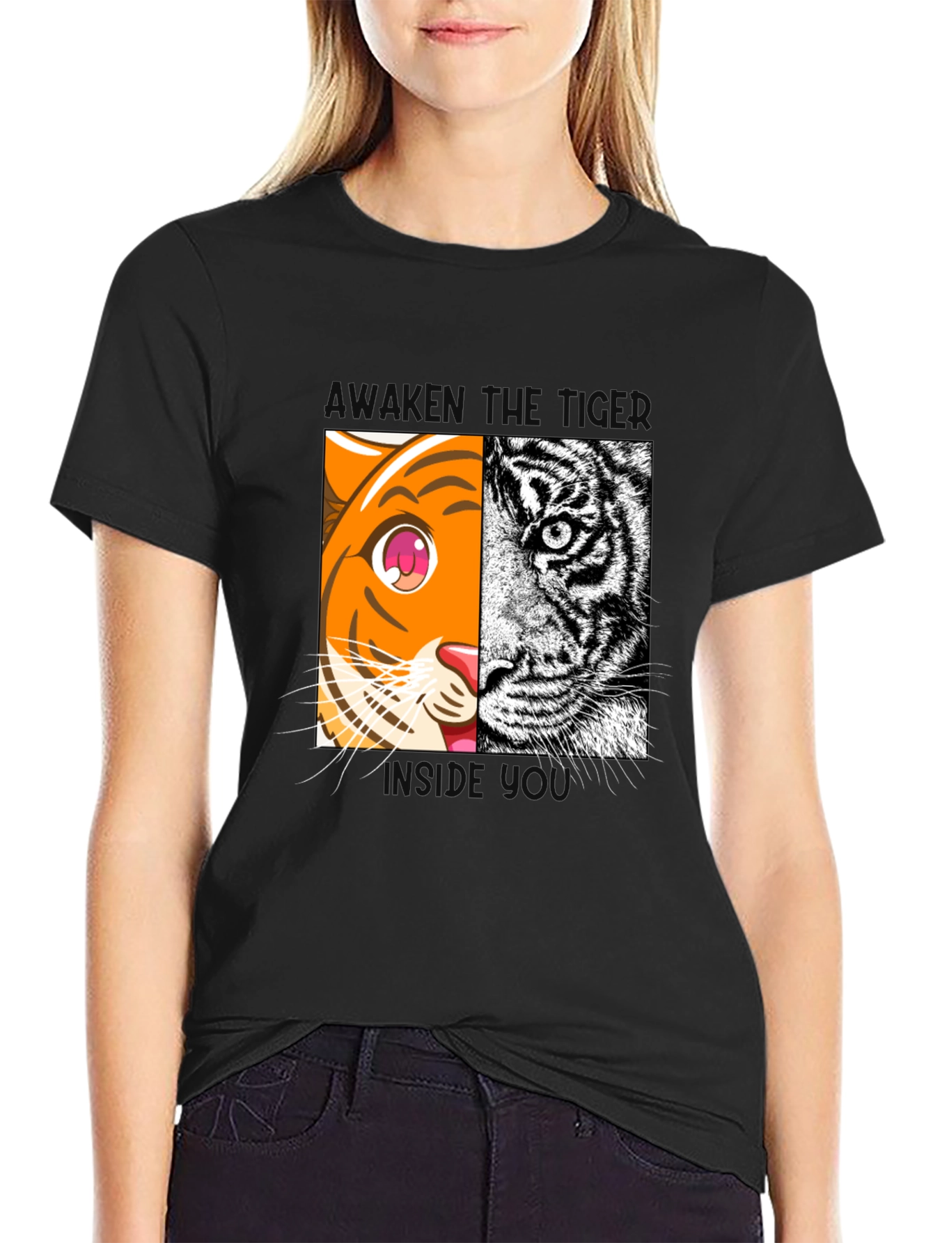 Camiseta Negra Tigre Dual: Anime y Realismo