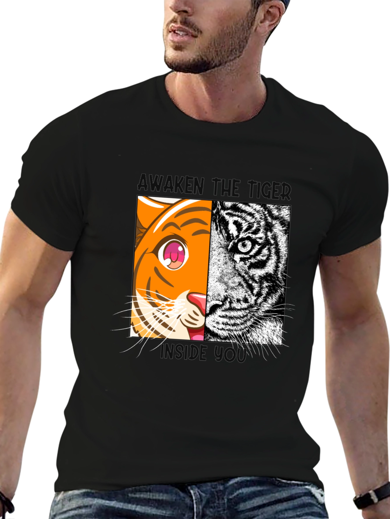 Camiseta Negra Tigre Dual: Anime y Realismo