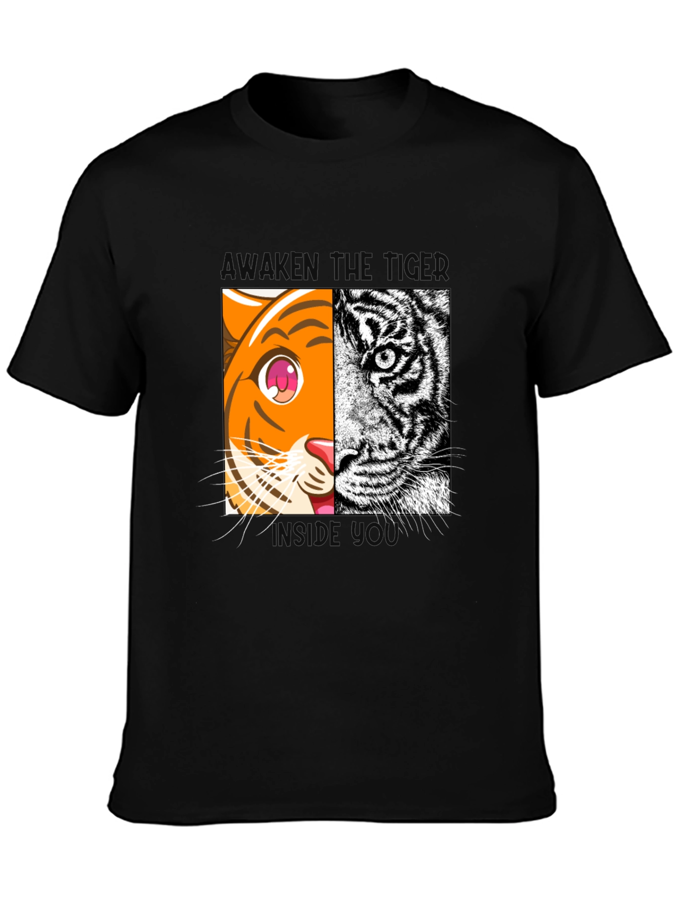 Camiseta Negra Tigre Dual: Anime y Realismo
