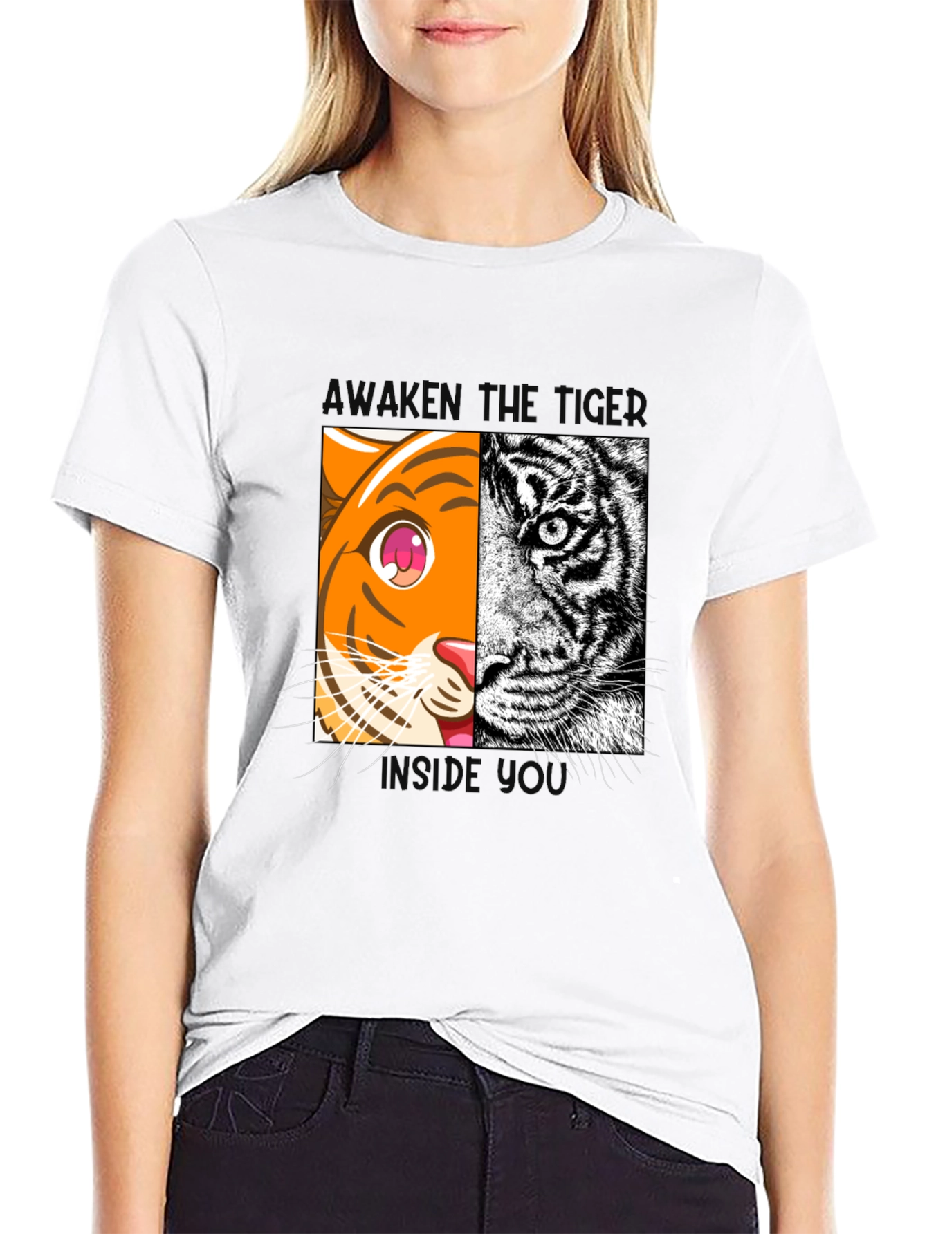 Camiseta Negra Tigre Dual: Anime y Realismo