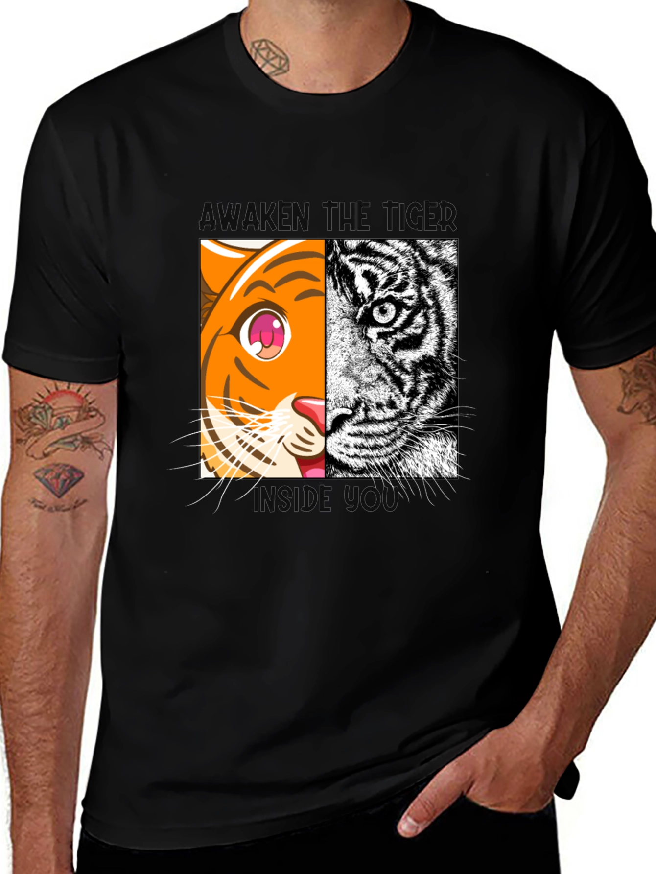 Camiseta Negra Tigre Dual: Anime y Realismo