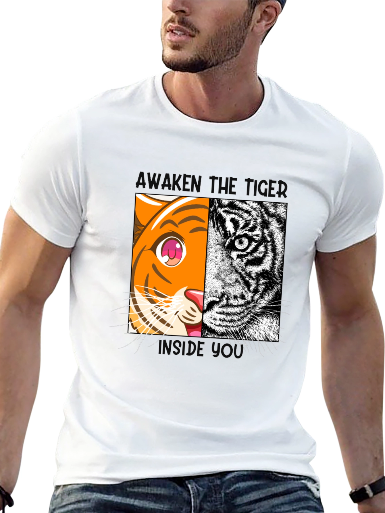Camiseta Negra Tigre Dual: Anime y Realismo
