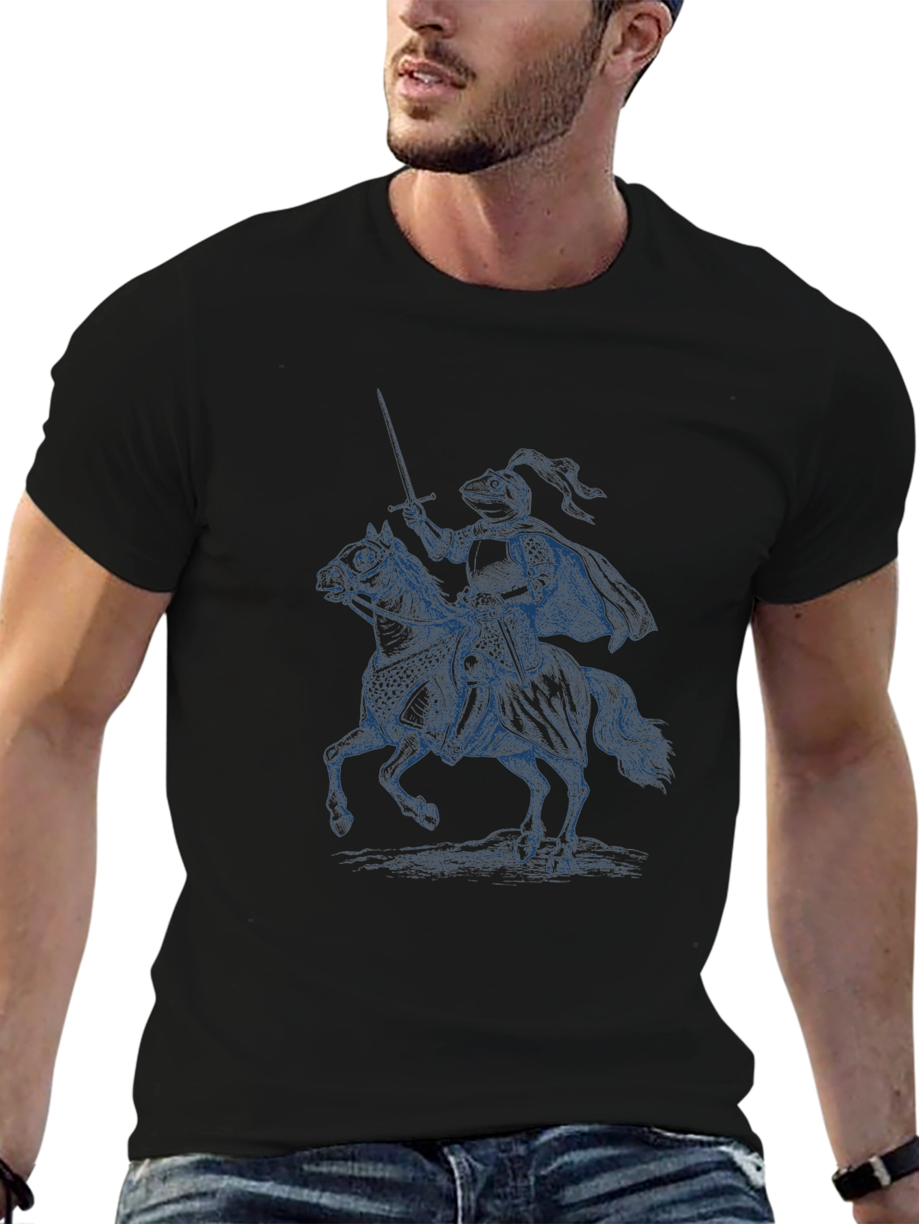 Camiseta Negra con Diseño de Caballero Medieval