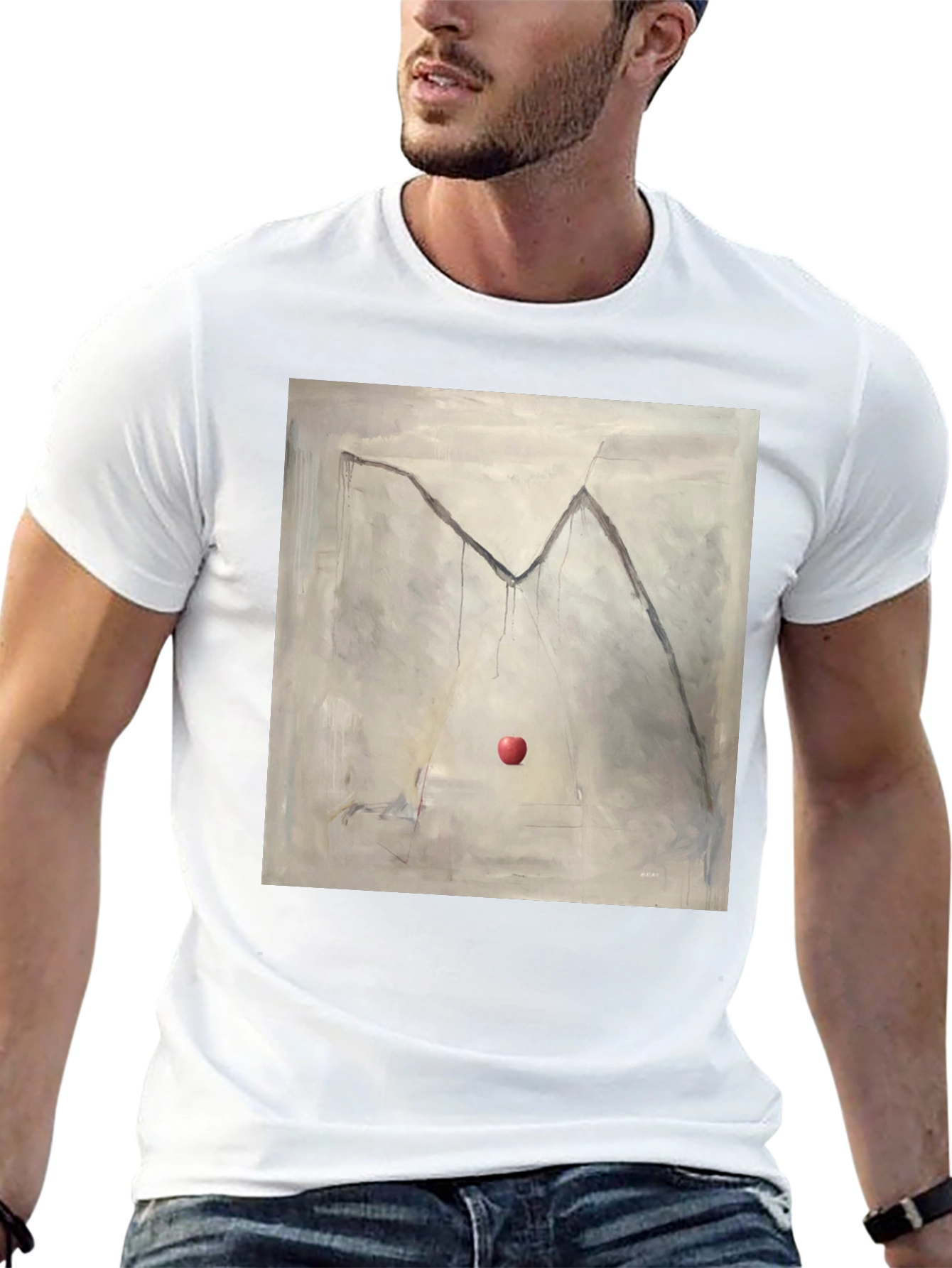 Camiseta Negra con Diseño de Manzana y Montaña Abstracta