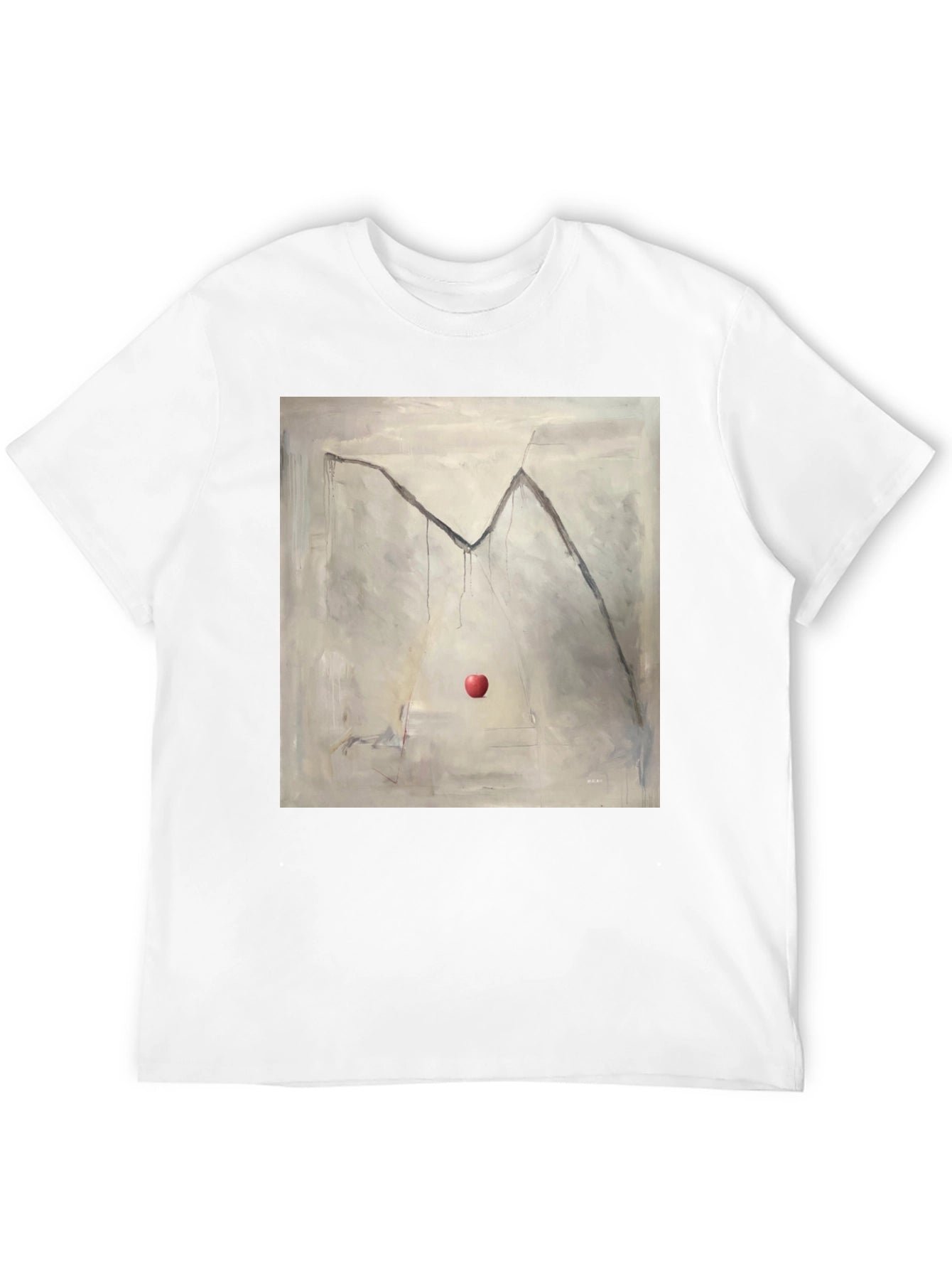 Camiseta Negra con Diseño de Manzana y Montaña Abstracta