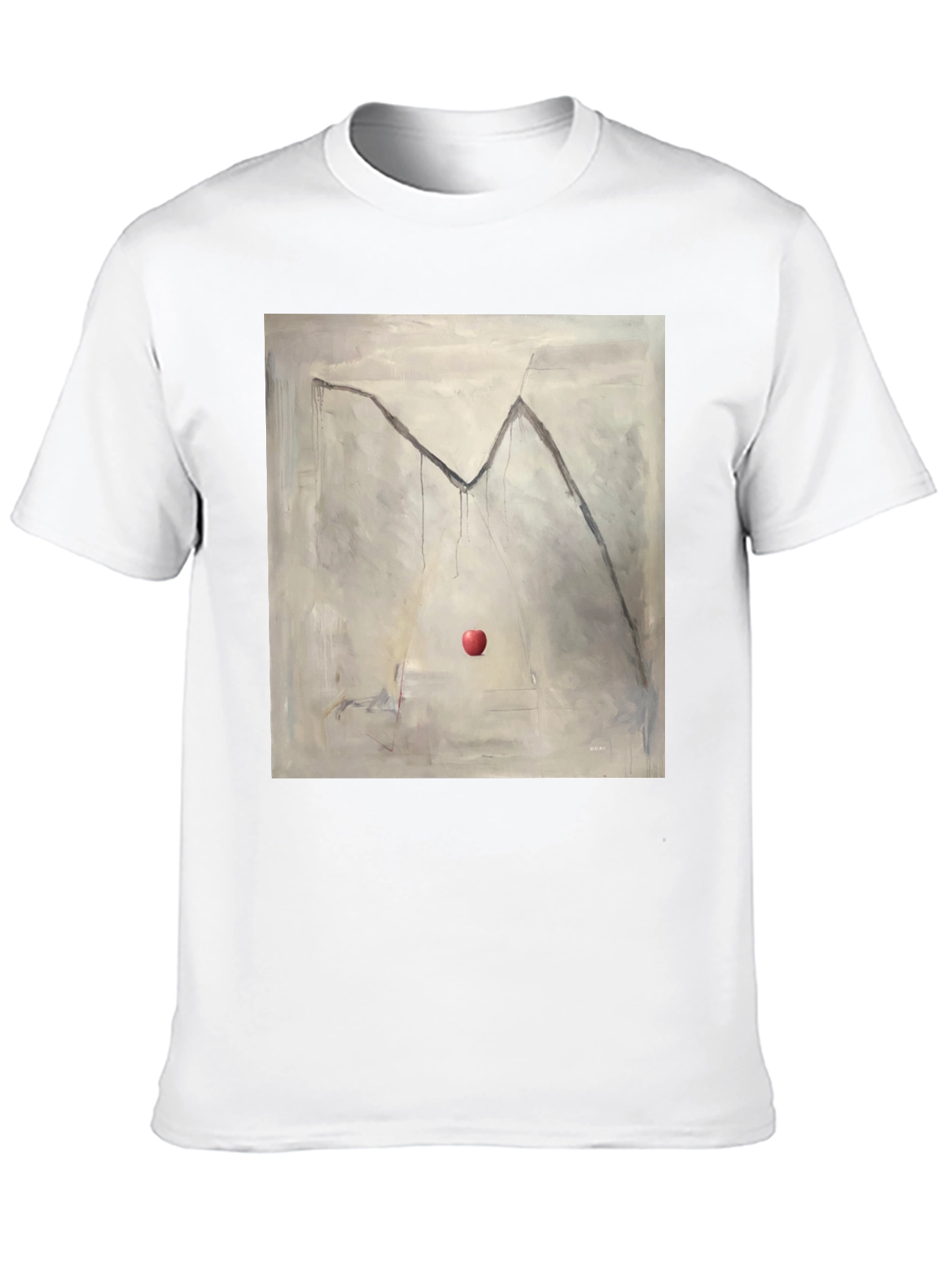 Camiseta Negra con Diseño de Manzana y Montaña Abstracta