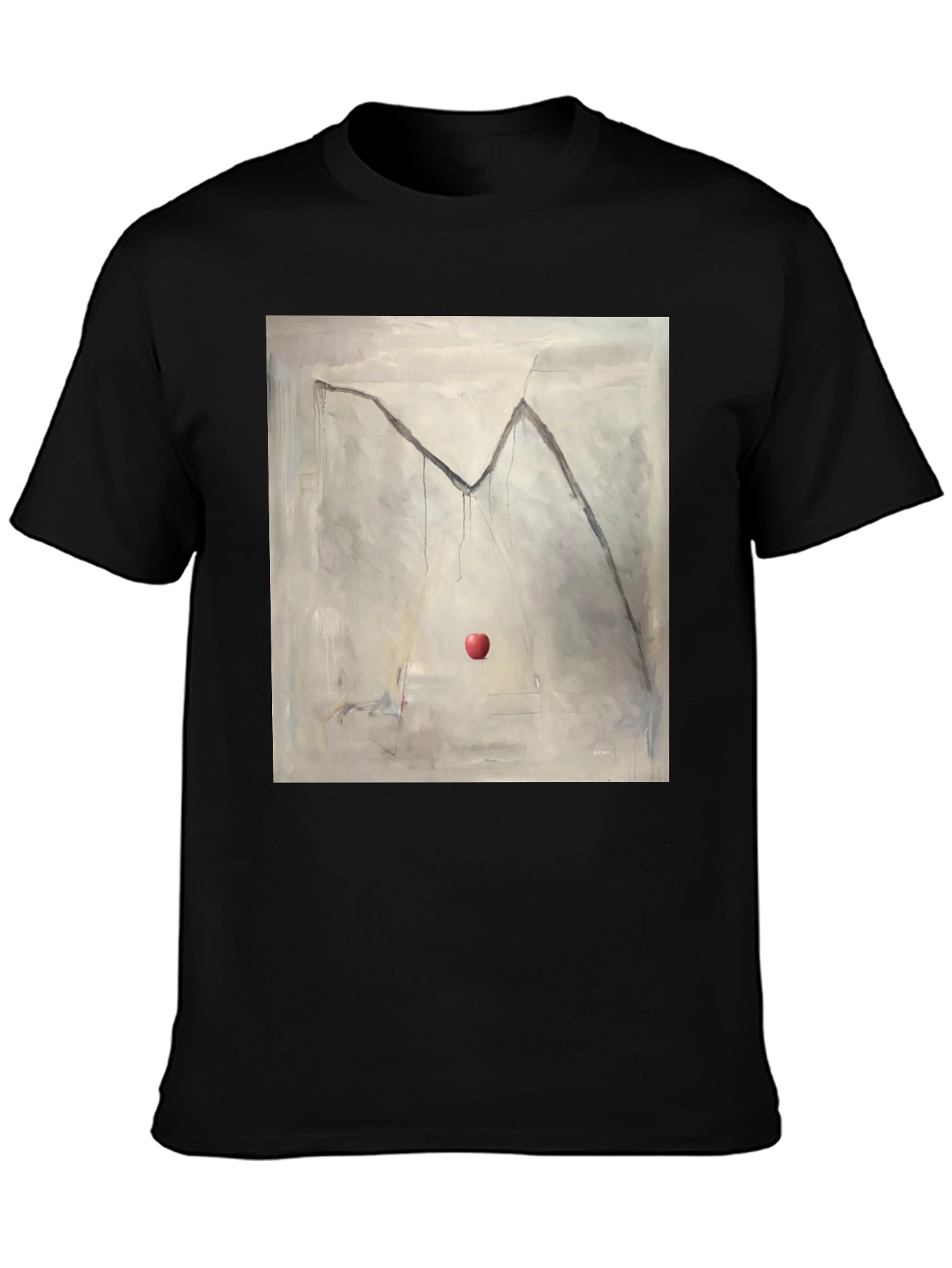Camiseta Negra con Diseño de Manzana y Montaña Abstracta