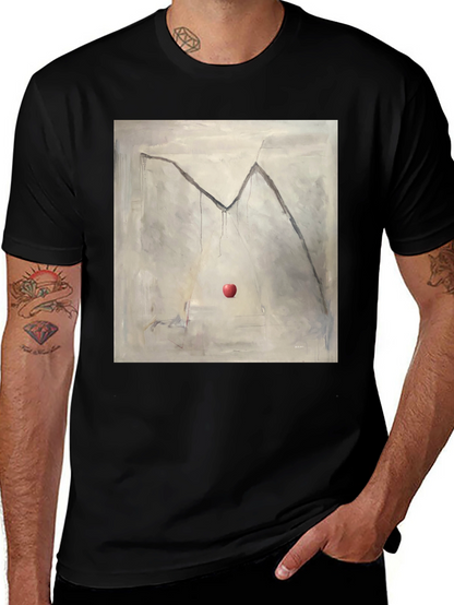 Camiseta Negra con Diseño de Manzana y Montaña Abstracta