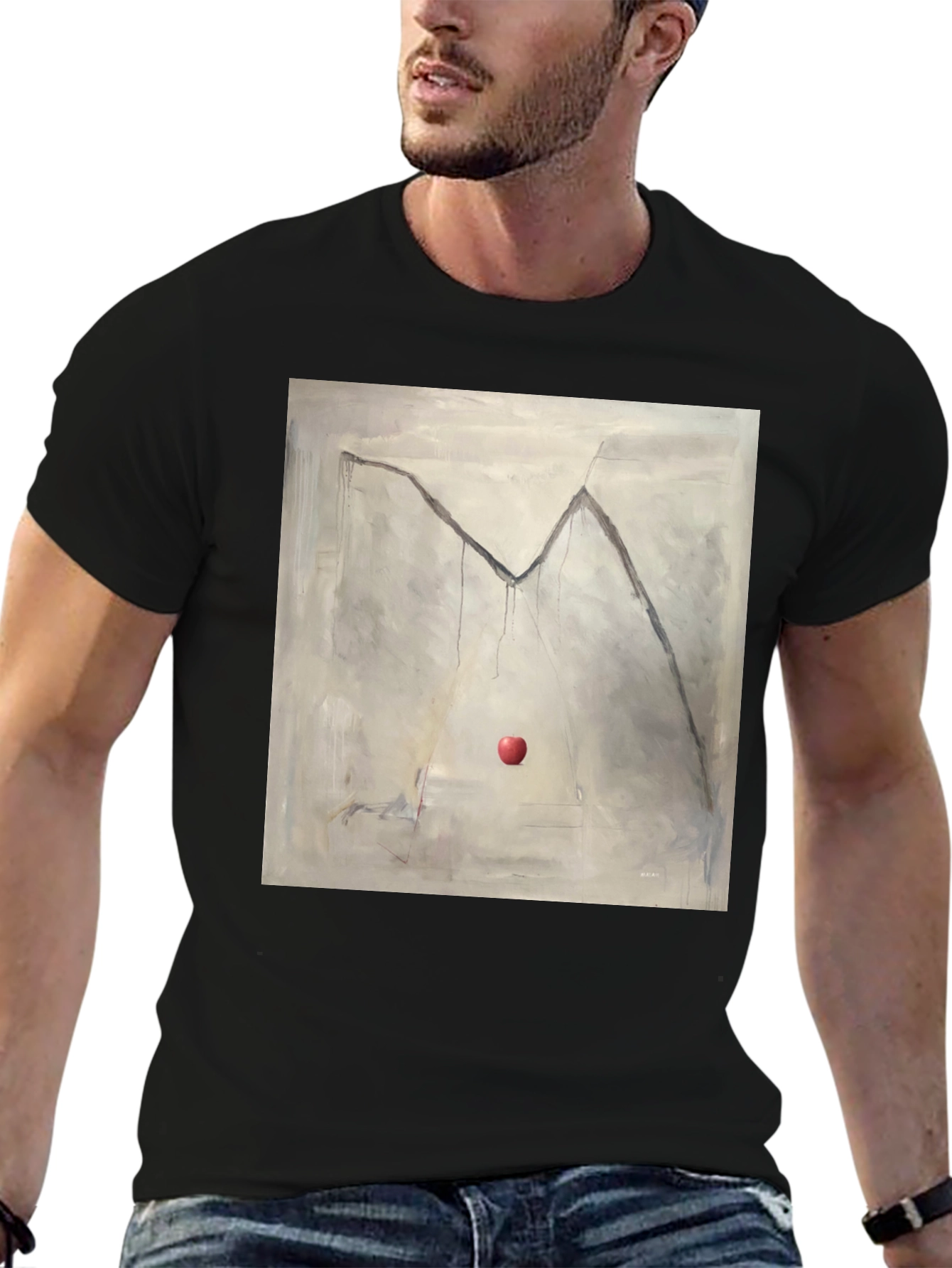 Camiseta Negra con Diseño de Manzana y Montaña Abstracta