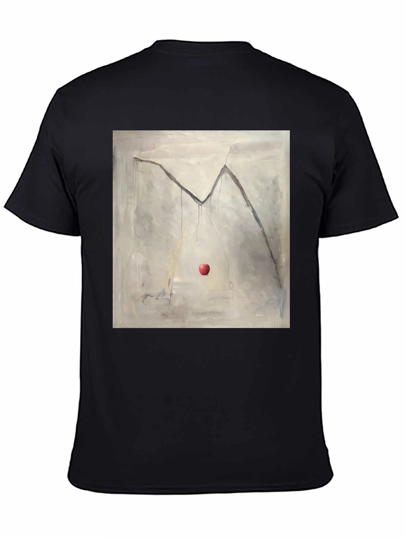 Camiseta Negra con Diseño de Manzana y Montaña Abstracta