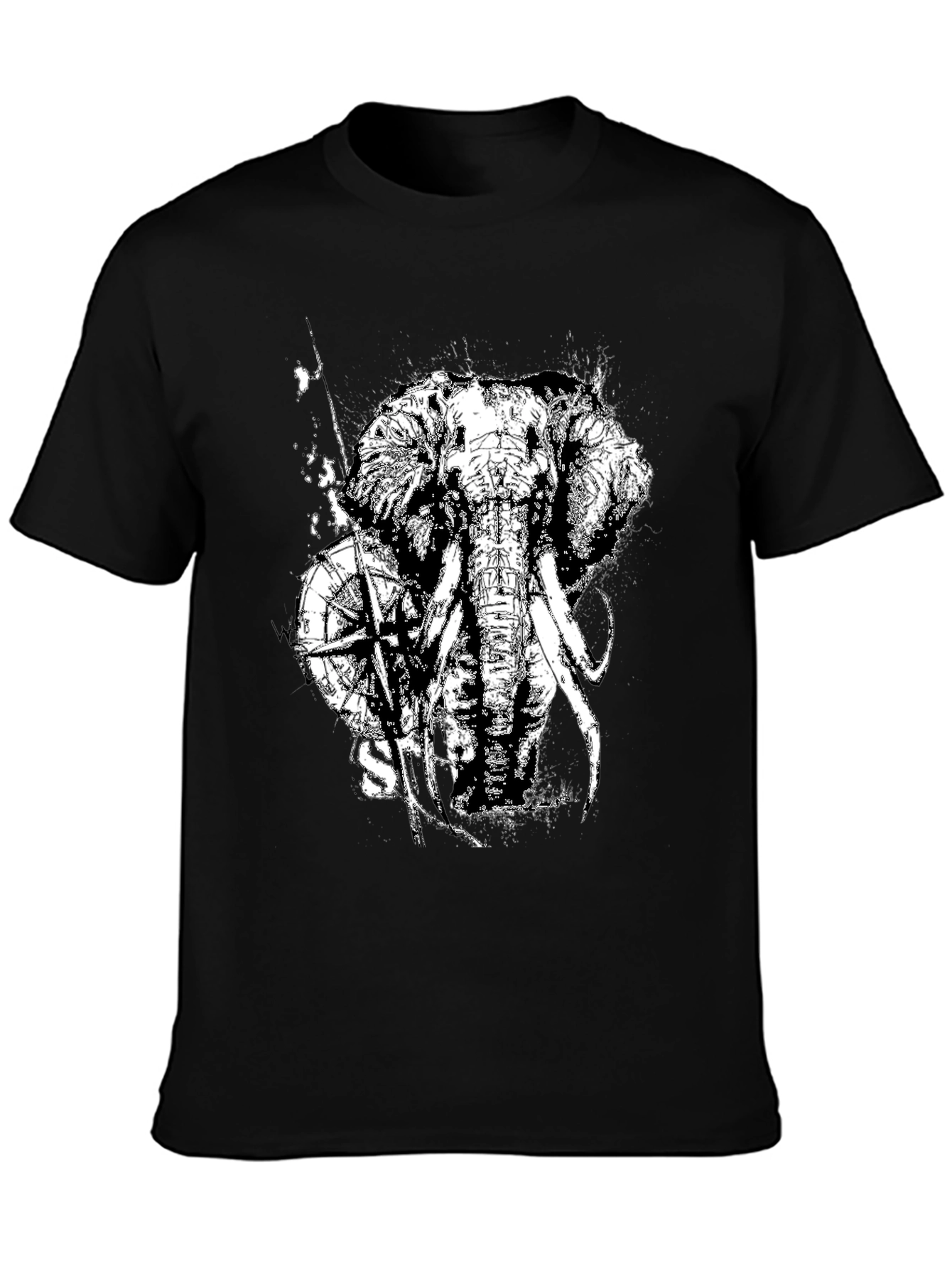 Camiseta Negra con Diseño de Elefante y Brújula