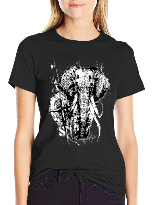 Camiseta Negra con Diseño de Elefante y Brújula