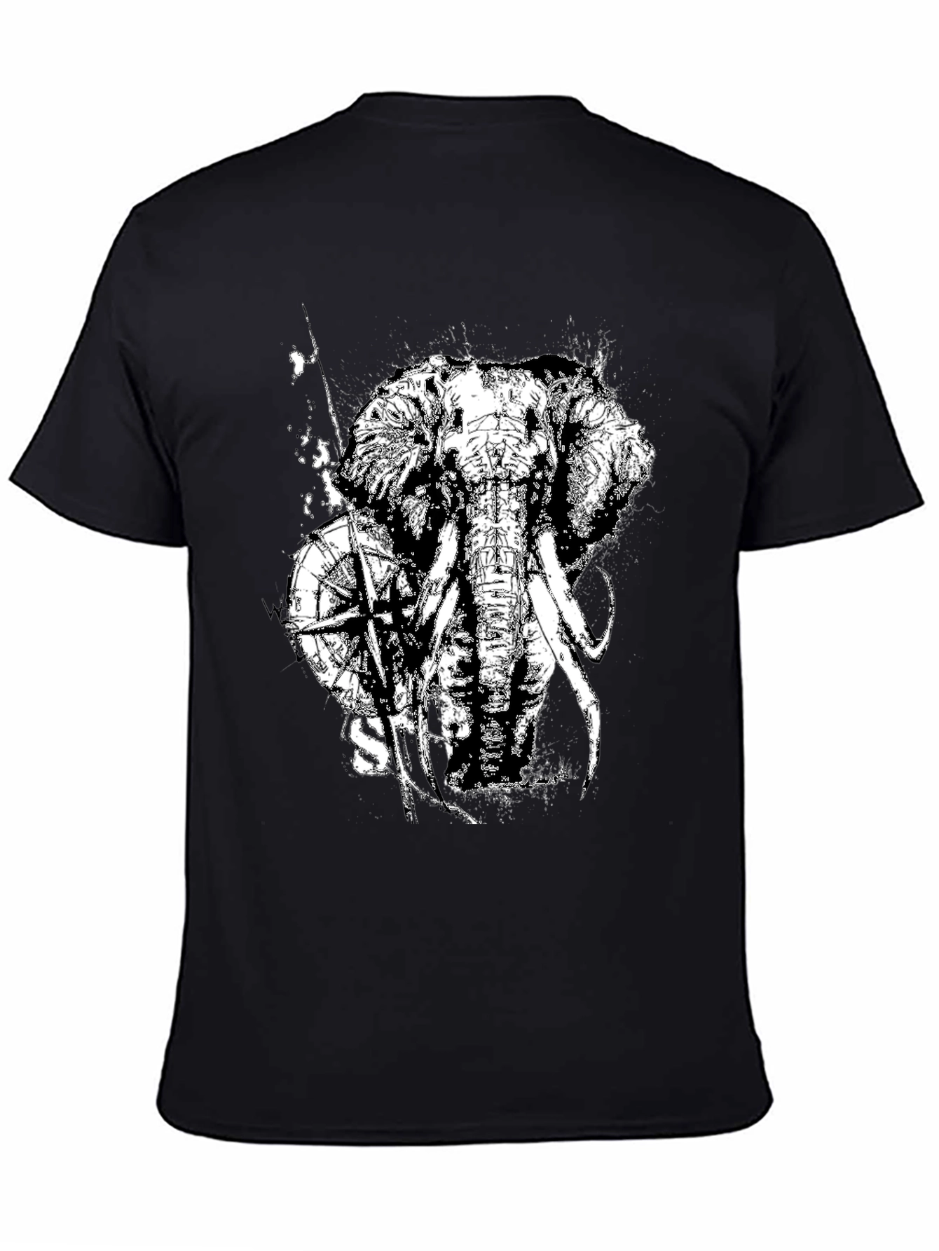 Camiseta Negra con Diseño de Elefante y Brújula