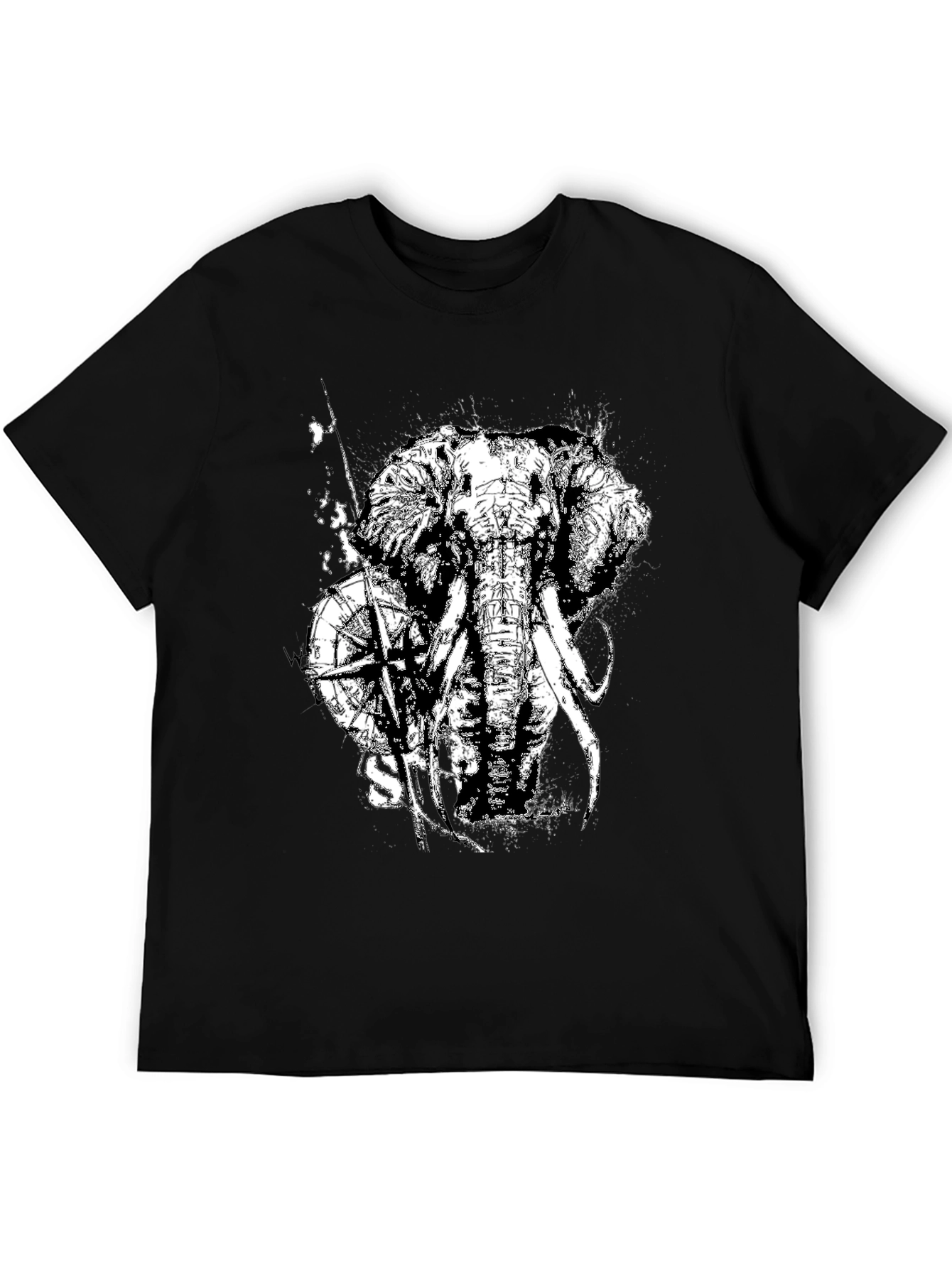 Camiseta Negra con Diseño de Elefante y Brújula