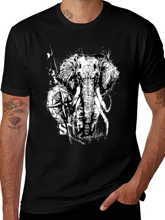 Camiseta Negra con Diseño de Elefante y Brújula