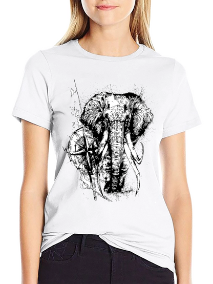 Camiseta Negra con Diseño de Elefante y Brújula