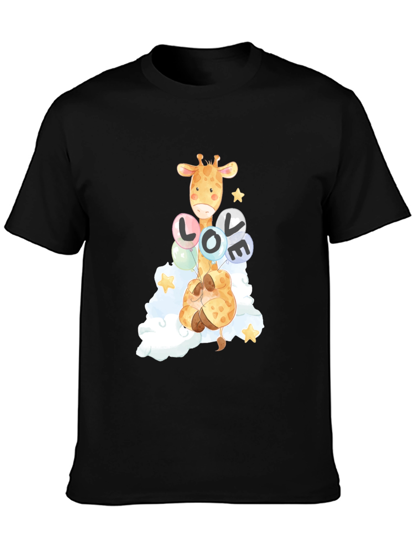Camiseta Negra con Diseño de Jirafa y Globos LOVE