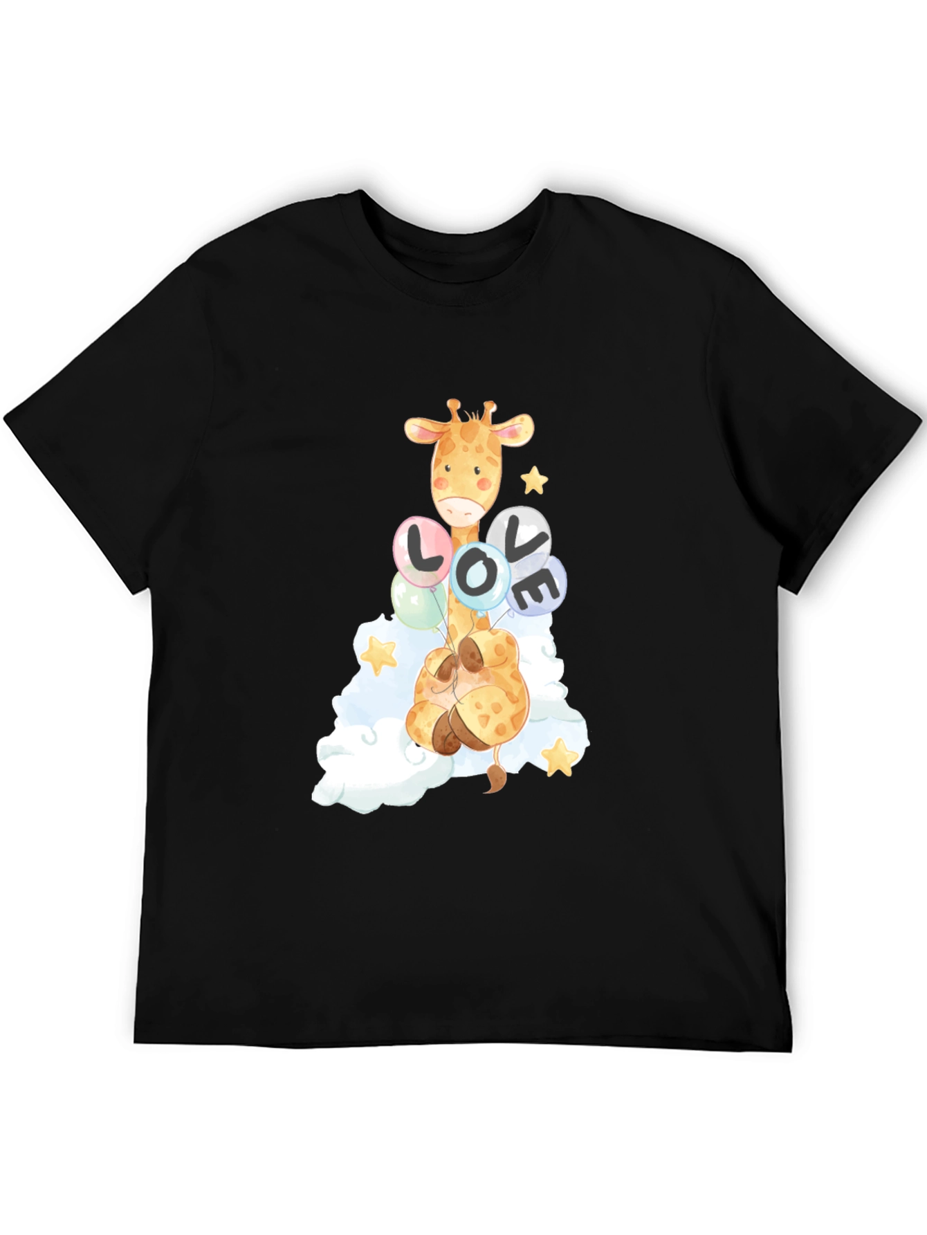 Camiseta Negra con Diseño de Jirafa y Globos LOVE