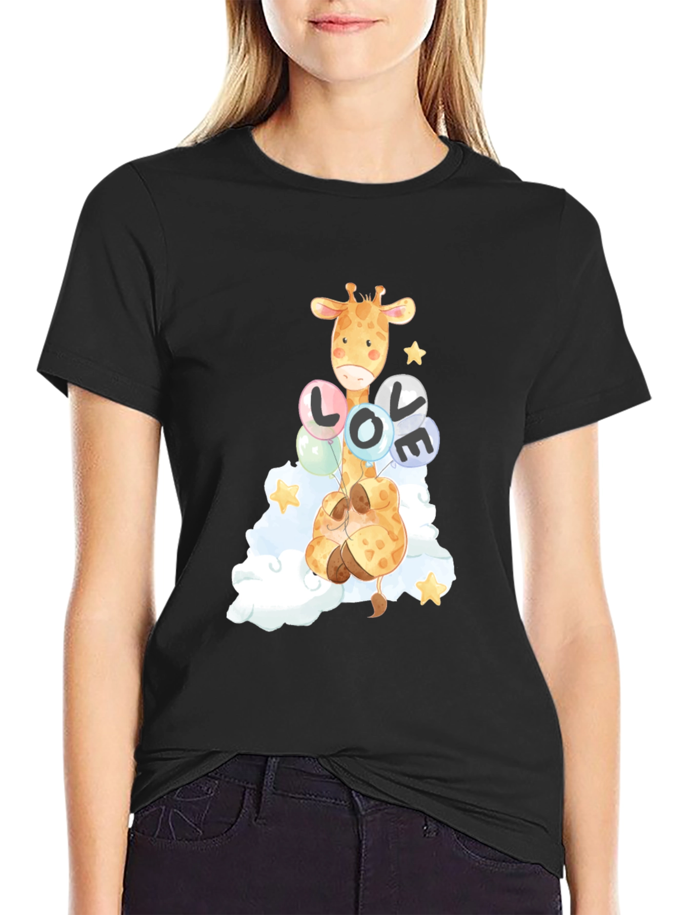 Camiseta Negra con Diseño de Jirafa y Globos LOVE