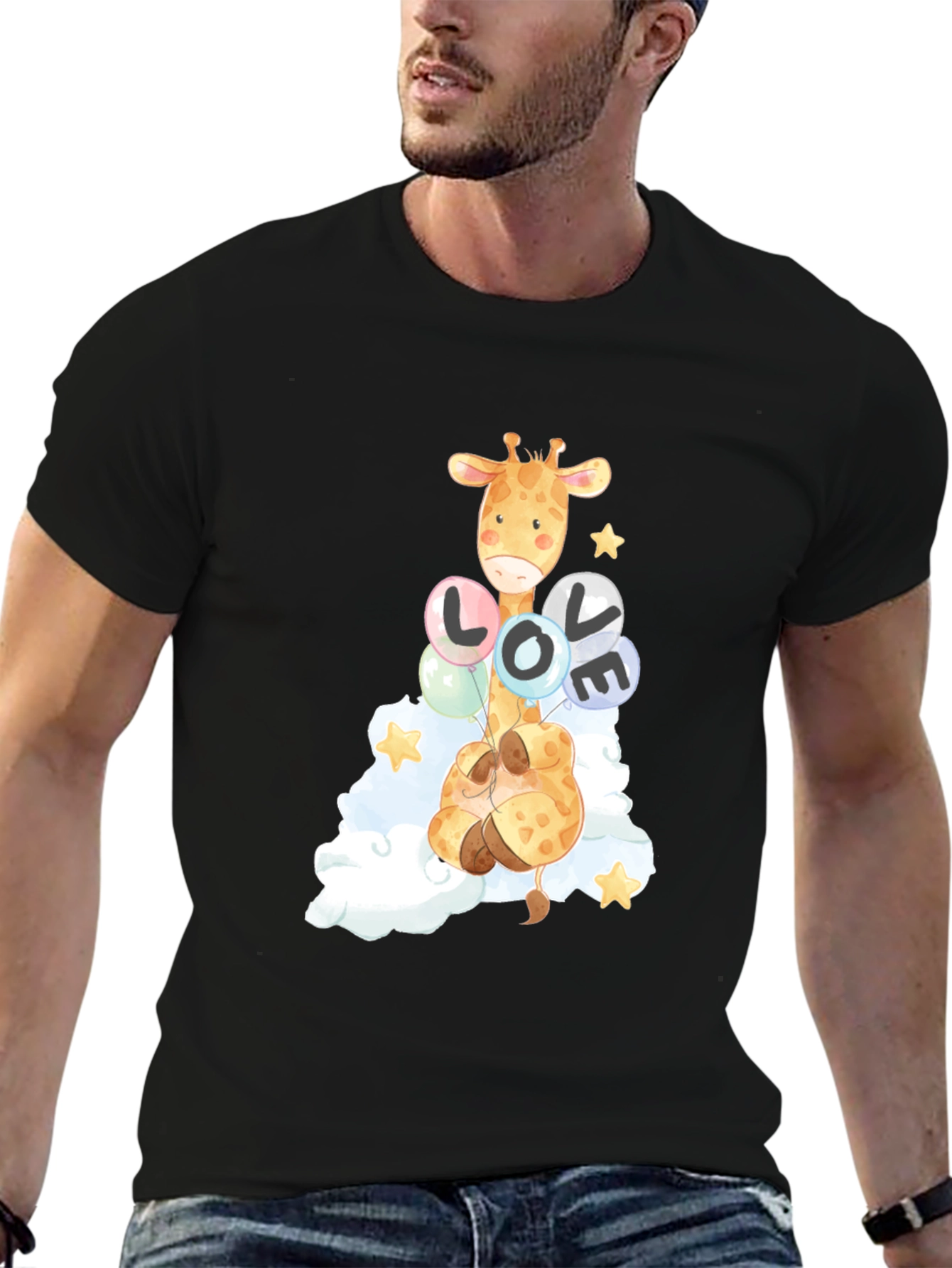 Camiseta Negra con Diseño de Jirafa y Globos LOVE