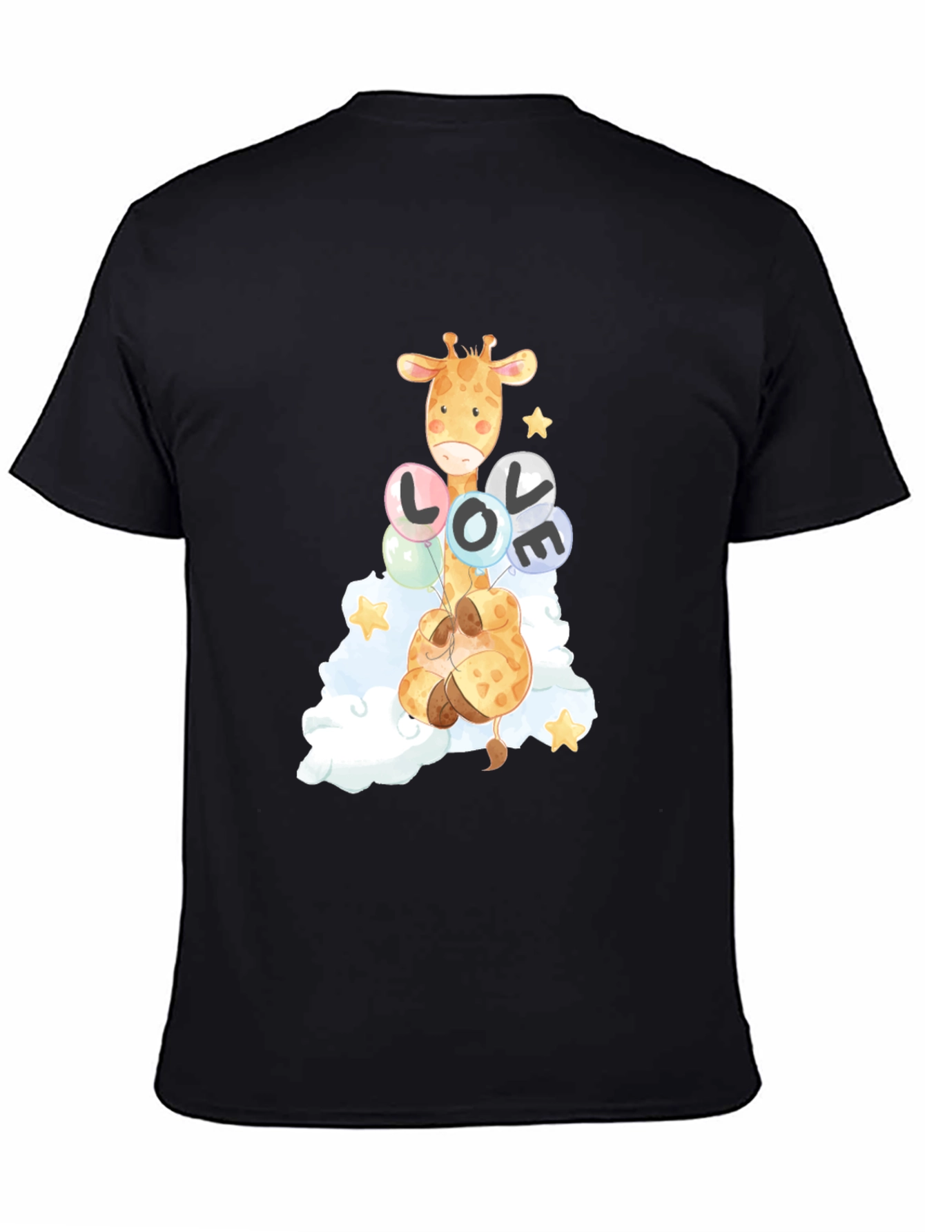 Camiseta Negra con Diseño de Jirafa y Globos LOVE