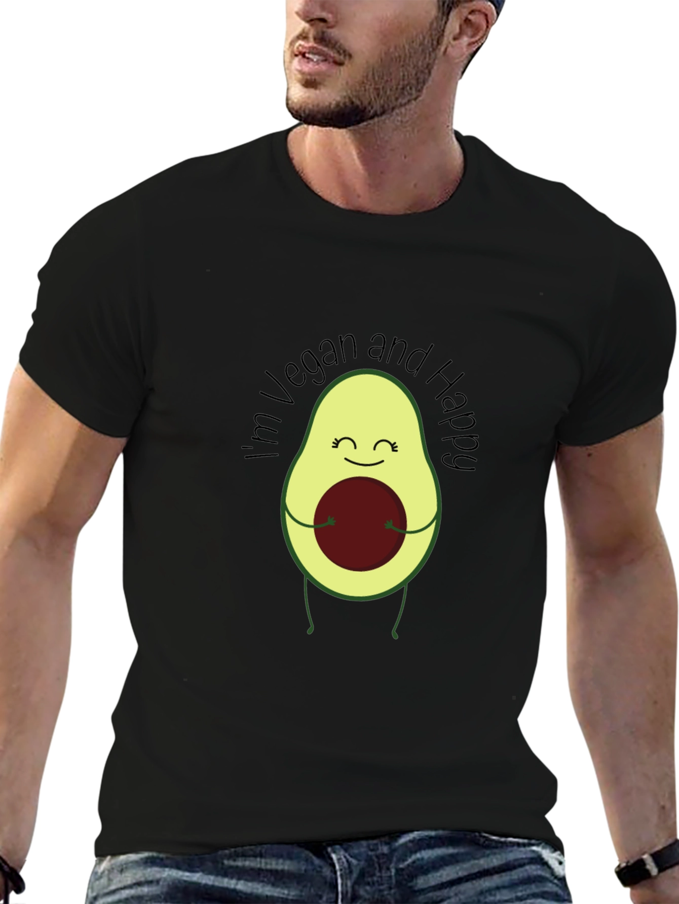 Camiseta Negra Vegana Feliz con Aguacate