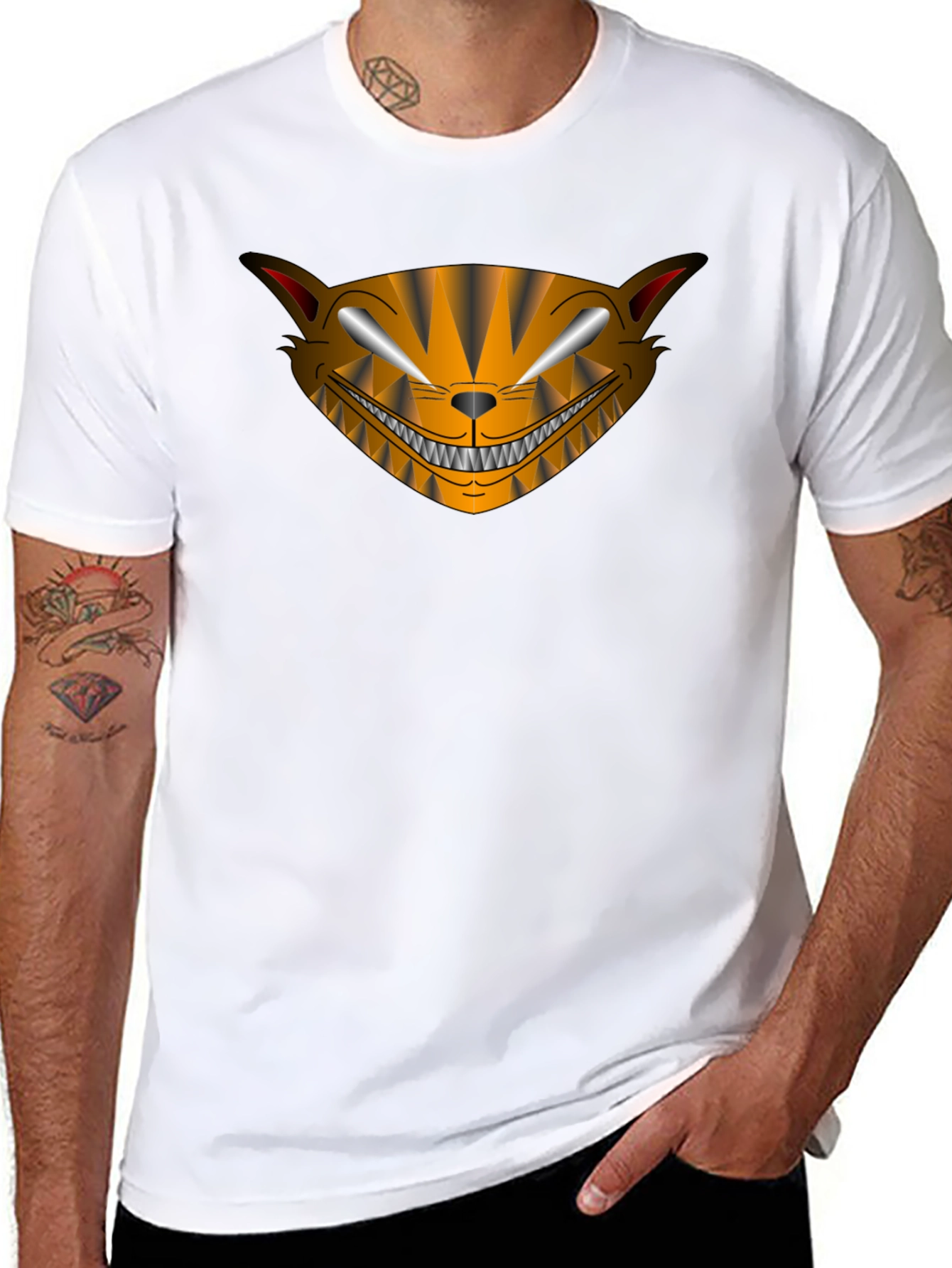Camiseta Negra Hombre Diseño Gato Sonriente
