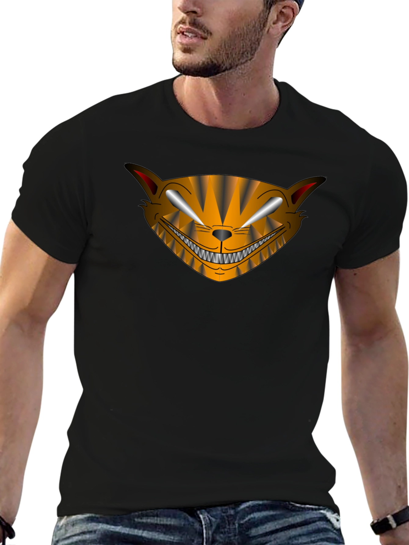 Camiseta Negra Hombre Diseño Gato Sonriente