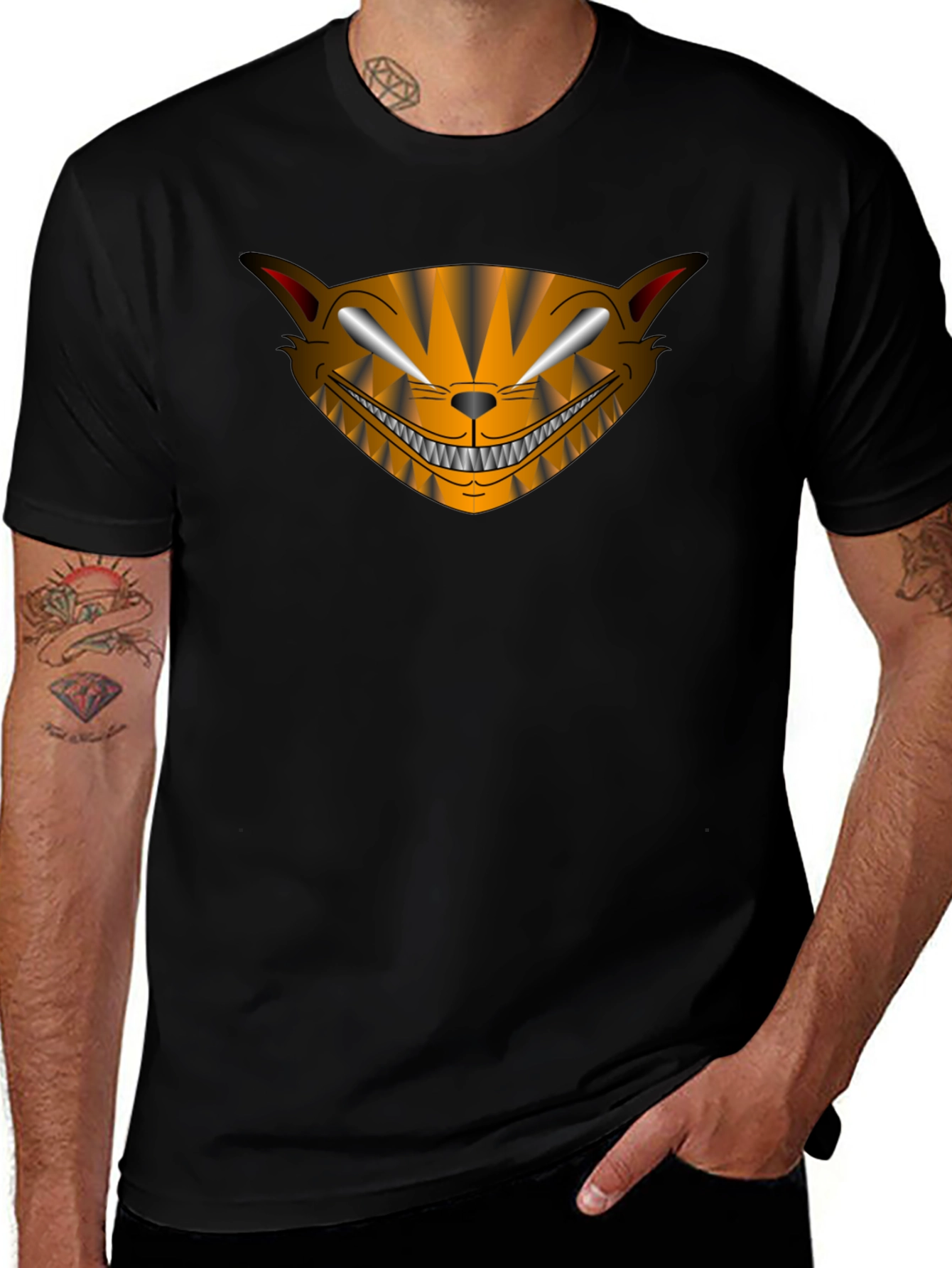 Camiseta Negra Hombre Diseño Gato Sonriente