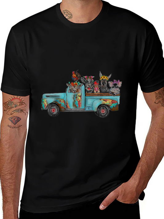 Camiseta Negra con Diseño de Camioneta y Animales