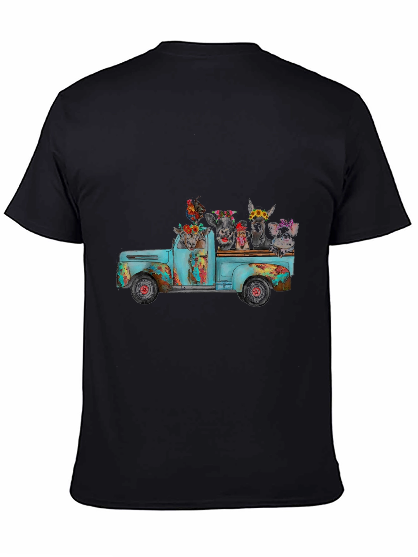 Camiseta Negra con Diseño de Camioneta y Animales